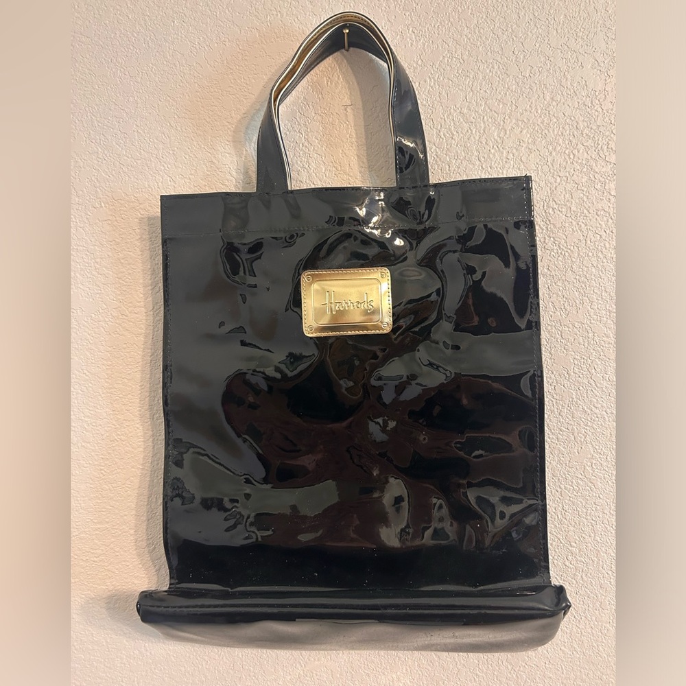 Harrods Black Patent Tote with Gold Logo Plaque